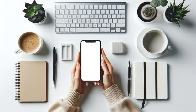 Vista superior de mãos segurando um smartphone sobre uma mesa bem organizada com plantas de papelaria e uma xícara de café