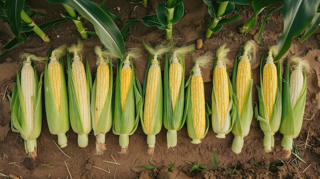 Vista superior de milho cru maduro com cascas verdes colocadas em fileiras no chão na fazenda durante o dia