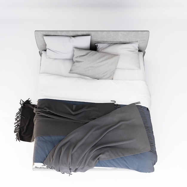 Vista superior de móveis 3d moderna cama dupla cinza isolada em um fundo branco com design de decoração de caminho de recorte para quarto