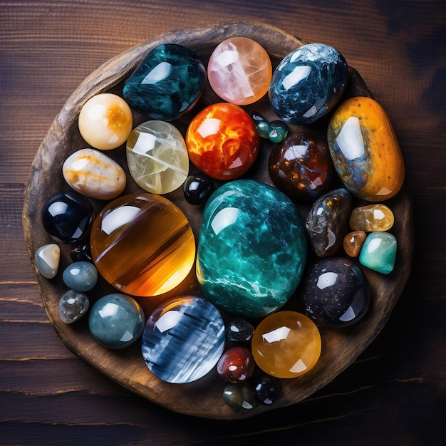 Vista superior de muitas pedras preciosas diferentes em placas de madeira Pedras preciosas para joias, práticas espirituais, meditações e relaxamento AI Generative