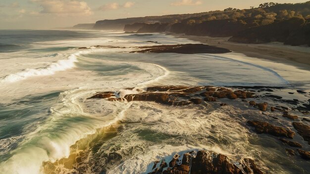 Vista superior de ondas de espuma batendo na costa rochosa da praia de Varkala