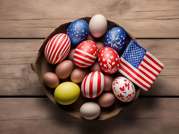 Vista superior de ovos de páscoa patrióticos coloridos na cesta na mesa de madeira com bandeira EUA Generative AI