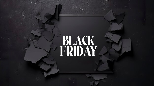 Foto vista superior de papel preto rasgado e o texto black friday na parede do backboard