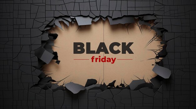 Foto vista superior de papel preto rasgado e o texto black friday na parede do backboard