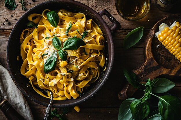 Foto vista superior de pasta tagliatelle cremosa com ervas e milho em uma panela na mesa