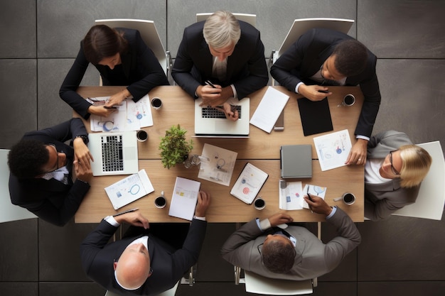 Vista superior de pessoas de negócios sentadas e discutindo em uma mesa de reunião no escritório Equipe de negócios colaborando em torno de uma mesa vista superior sem rostos visíveis AI Gerado