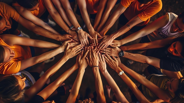 Foto vista superior de pessoas diversas e irreconhecíveis unindo as mãos, mostrando unidade e trabalho em equipe