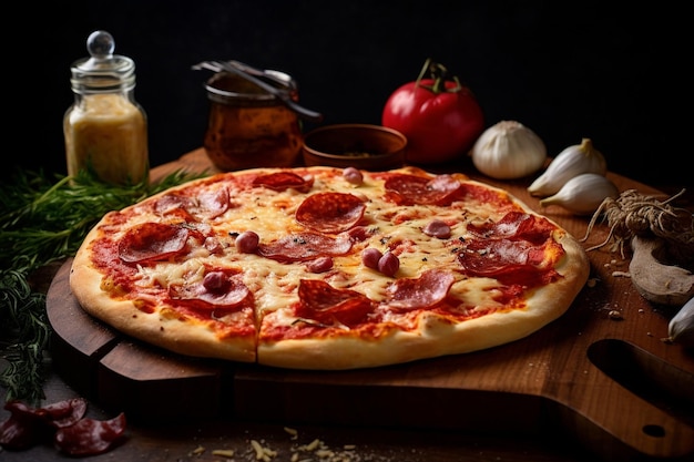 Vista superior de pizza cheia de tomates, pimentas coloridas, salame e azeitonas em uma tábua de madeira