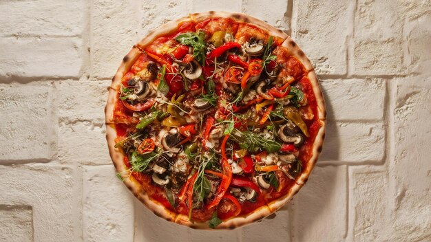 Vista superior de pizza com pimentas, cogumelos, tomates e cozinha em fundo de estuque leve vertical