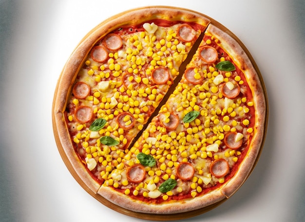 vista superior de pizza de milho em fundo branco