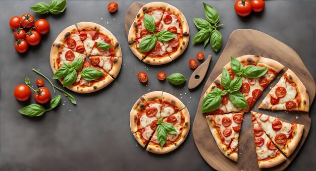 Vista superior de pizzas variadas com tomates de mozzarella e manjericão