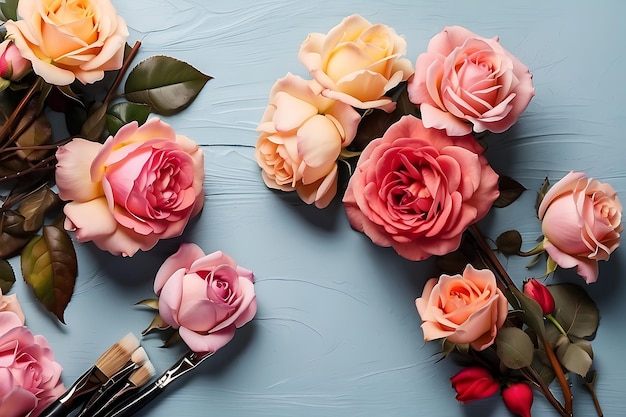 Foto vista superior de rosas, flores e pincel de pintura