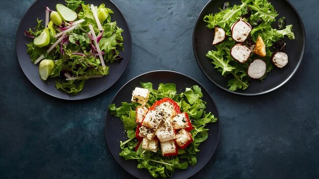 Vista superior de saladas frescas em pratos escuros com espaço para cópia