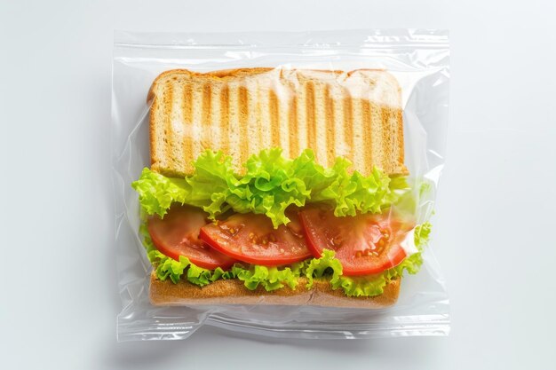 Foto vista superior de sanduíche em saco de tirante de polietileno isolado em branco