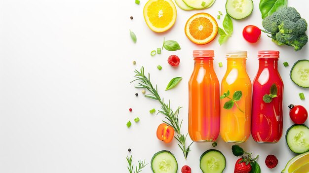 Foto vista superior de smoothie natural de vegetais e frutas com garrafa transparente com um grande espaço na superfície branca para texto ou produto ia geradora