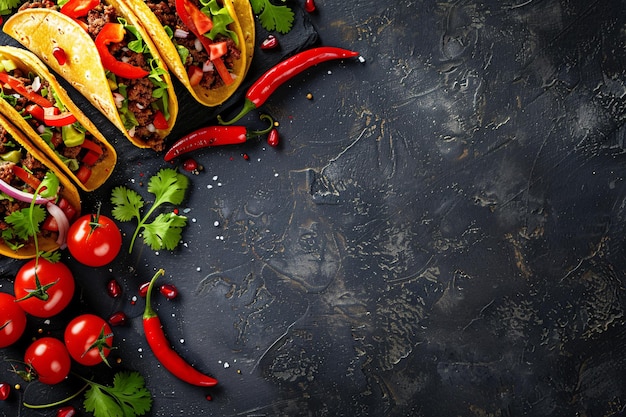 Vista superior de tacos mexicanos crocantes com carne de vaca com espaço de cópia