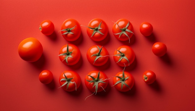 Vista superior de tomate cereja orgânico em um fundo vermelho