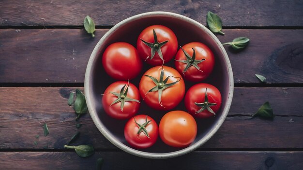 Vista superior de tomates em tigela e em superfície de madeira