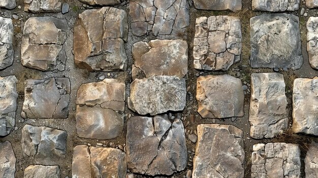 Foto vista superior de um antigo pavimento de pedra com rachaduras e musgo textura sem costuras