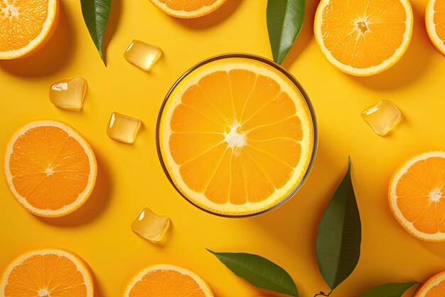 Vista superior de um copo com suco de laranja espremido na hora