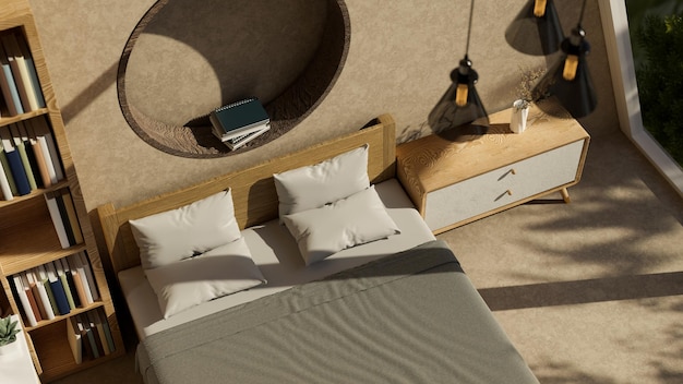 Vista superior de um design de interiores escandinavo e confortável com cama confortável e decoração