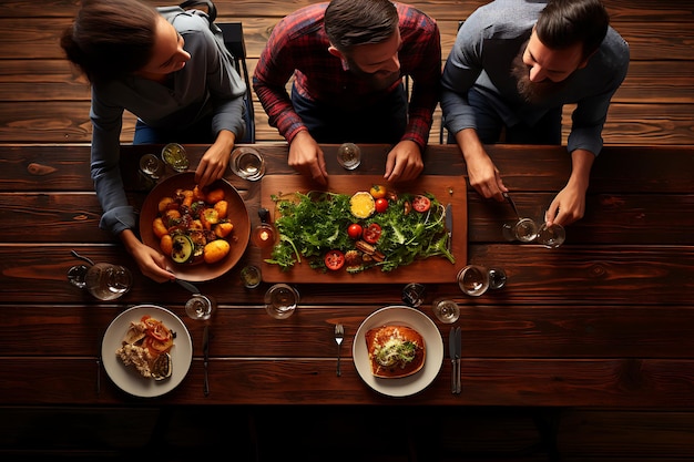 Foto vista superior de um grupo de pessoas jantando juntos em uma mesa de madeira