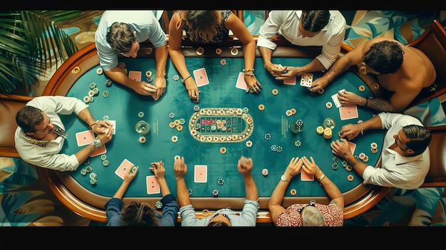 Foto vista superior de um grupo diversificado de pessoas jogando pôquer na mesa. eles usam roupas casuais e parecem entusiasmados.