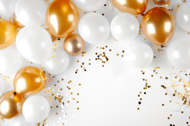Vista superior de um layout festivo com confeti de balões brancos e dourados e uma celebração de aniversário