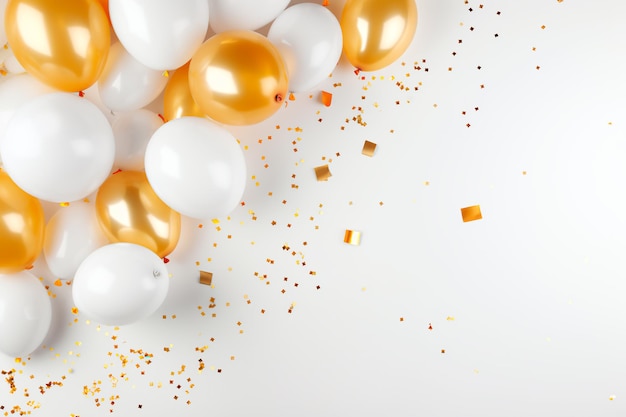 Vista superior de um layout festivo com confeti de balões brancos e dourados e uma celebração de aniversário