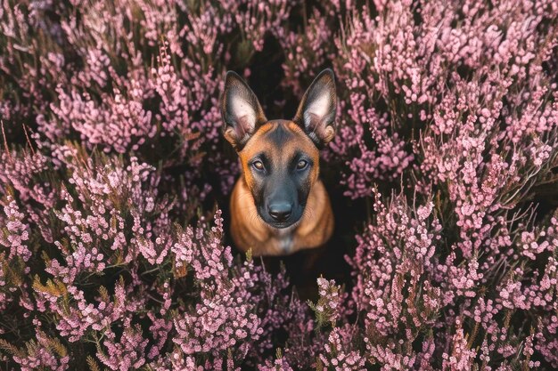 Vista superior de um lindo cachorrinho malinois sentado em um campo de brejo florescente