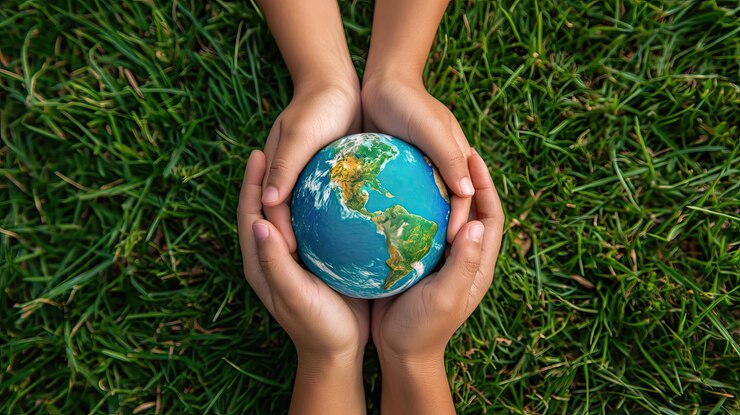 Foto vista superior de um pequeno globo nas mãos da ia