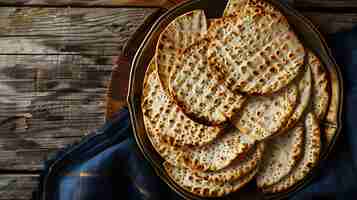 Foto vista superior de um prato cheio de matzah em uma mesa de madeira