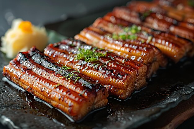 Foto vista superior de um prato de brochette de enguia grelhada japonesa sobre uma superfície branca limpa e grande espaço para texto ou fundo de publicidade de produto ia geradora