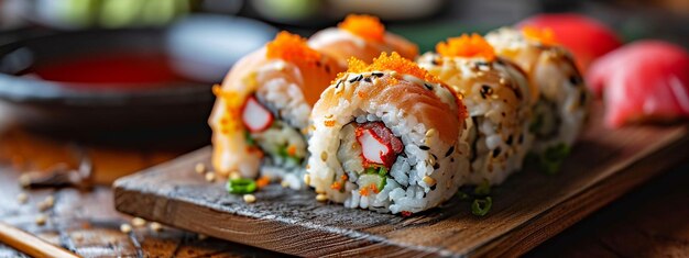 Vista superior de um prato de sushi rolos rolos delicioso sushi apetitoso