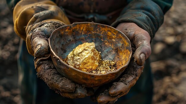 Vista superior de um prospector mãos sujas segurando uma pepita de ouro brilhante em uma tigela trabalho duro feito por trabalhadores e espaço IA geradora