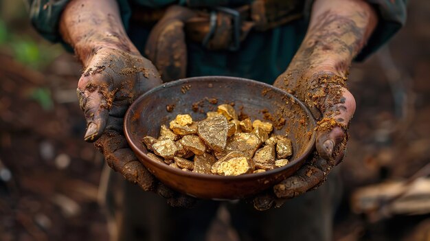 Vista superior de um prospector mãos sujas segurando uma pepita de ouro brilhante em uma tigela trabalho duro feito por trabalhadores e espaço IA geradora