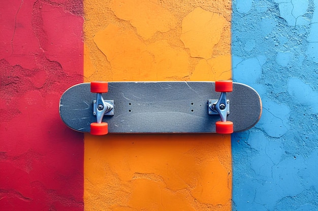Vista superior de um skate com fundo colorido