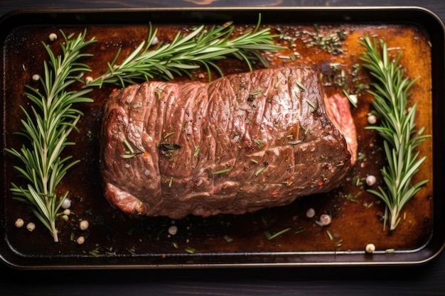 Vista superior de um suculento assado de carne guarnecido com alecrim fresco e alho