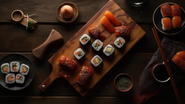 Vista superior de um sushi japonês em uma mesa de madeira generativa AI