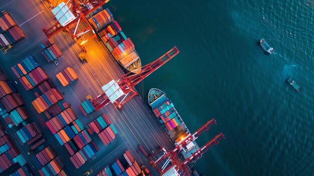 Foto vista superior de um terminal de contêineres movimentado à noite o navio de contêins está sendo carregado com contêiners pelos guindastes de pórtico