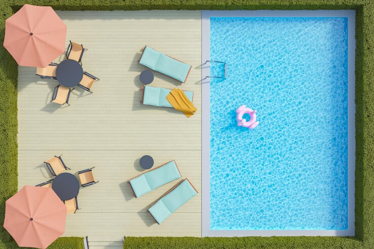 Vista superior de um terraço com piscina