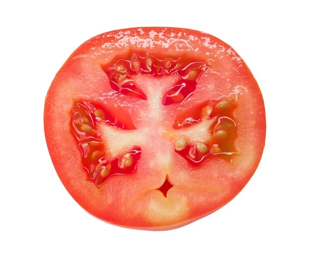 Foto vista superior de um único tomate meio vermelho fresco isolado em fundo branco com traçado de recorte fechar a foto de foco total
