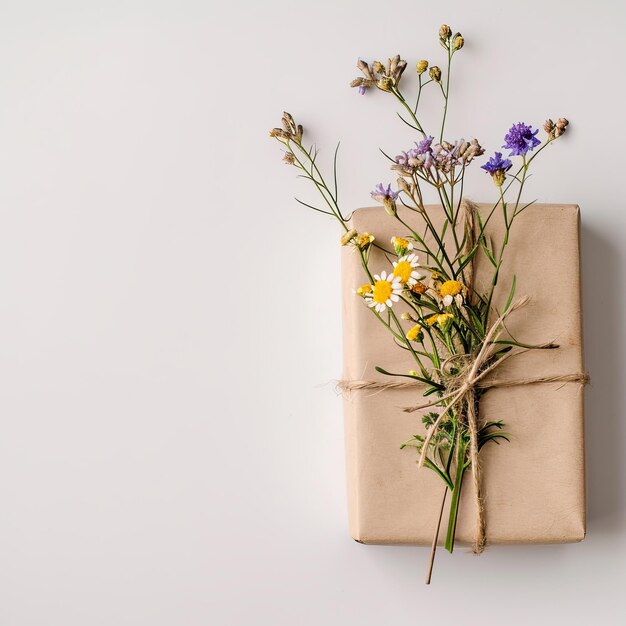 Vista superior de uma caixa de presente embrulhada em papel castanho com flores