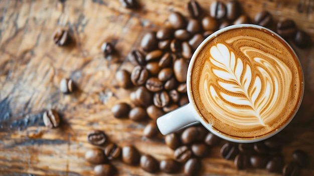 Foto vista superior de uma chávena de café com bela arte latte em uma mesa de madeira espalhada com grãos de café