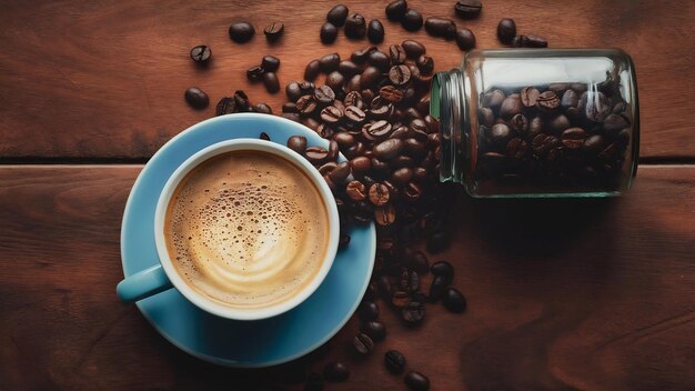 Vista superior de uma chávena de café com grãos de café caindo de um frasco de vidro em uma superfície de madeira