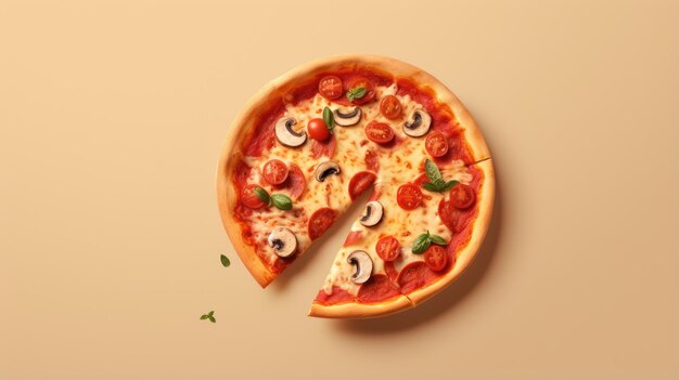 Vista superior de uma deliciosa pizza com cogumelos pepperoni tomates e manjericão em um fundo bege A pizza está faltando uma fatia