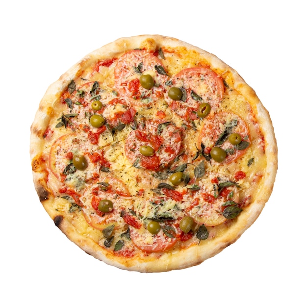 Vista superior de uma deliciosa pizza pronta no fundo branco