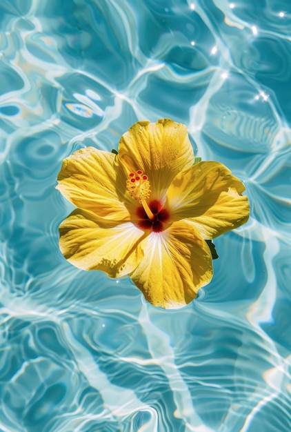 Vista superior de uma flor de hibisco amarelo na piscina com água cristalina ao fundo