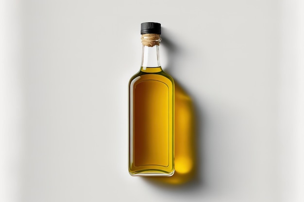Vista superior de uma garrafa de azeite contra um fundo branco