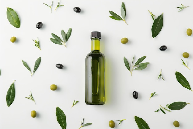 Vista superior de uma garrafa de vidro com azeite de oliva e azeitonas isoladas em branco